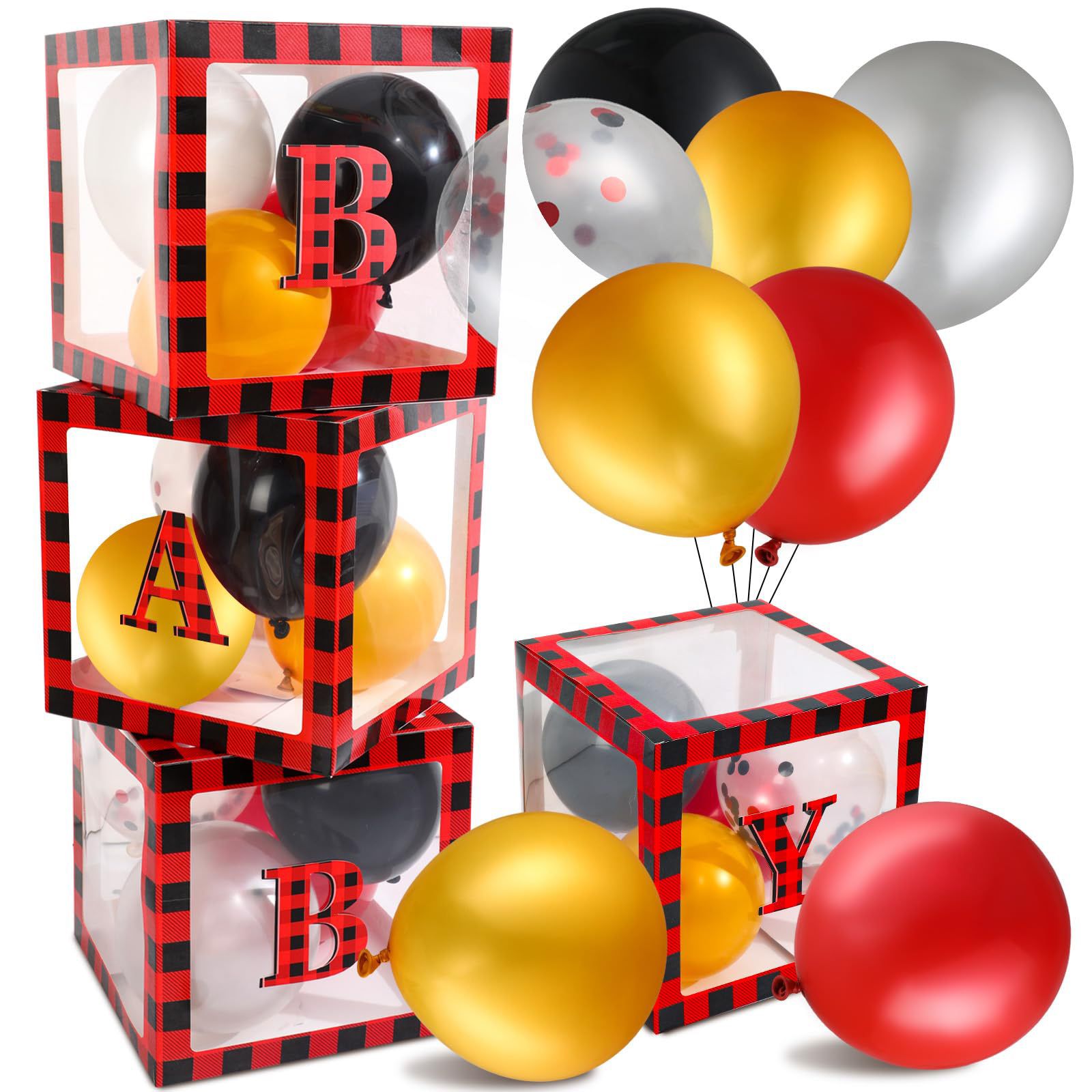 44 Pcs Lumberjack Baby Shower Party Decorations 4 Pcs Red Buffalo Plaid Transparent Balloon Boxes with Baby Letters 40 Pcs 10 Inch Balloons for Lumber
