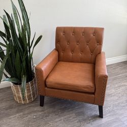 Camel Faux Leather Walnut Legs Mid Century Modern Button Tufted Accent Chair
