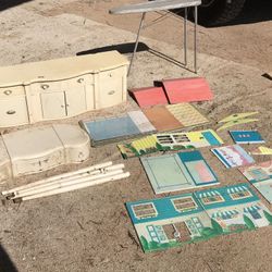 Vintage 1959 Toy Vanity , Serving Cabinet ,ironing Board , And Tin 2story Doll House