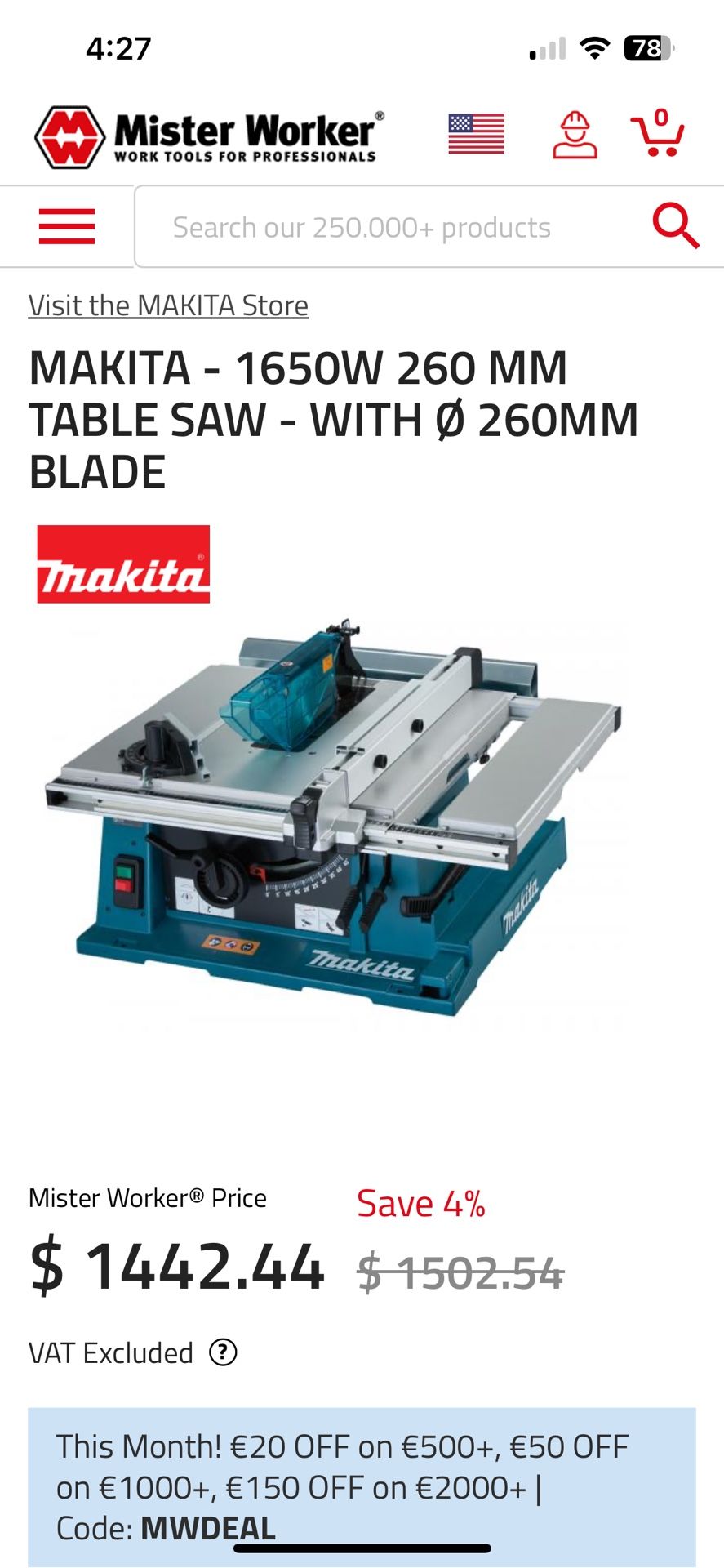 New / Never Used : Makita 10” Table saw with Foldable Roll Cart