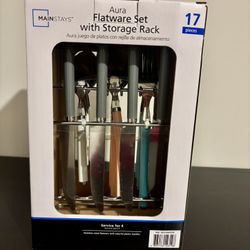 Brand new! Mainstays 17 Piece Aura Flatware Set with Storage Rack Multicolor
