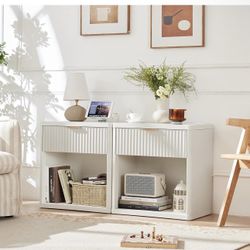 Fluted Farmhouse Nightstand Set of 2 with Charging Station, 23" Wide 1 Drawers End Table,White Dresser for Bedroom,Bed Side Table Chest of Drawers Cab