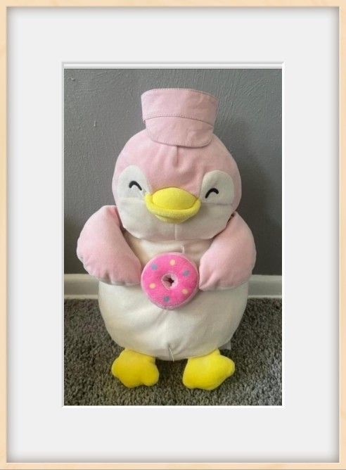 Cute Pink and White Penguin Plush Holding a Donut – Stuffed Animal