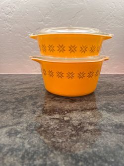 Vintage Pyrex Town & Country cross stitch star pattern casserole, dishes