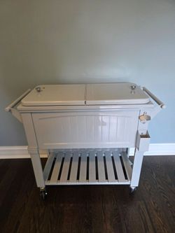 Light Gray Rolling Patio Cooler Cart with Bottle Opener – Ice Chest on Wheels