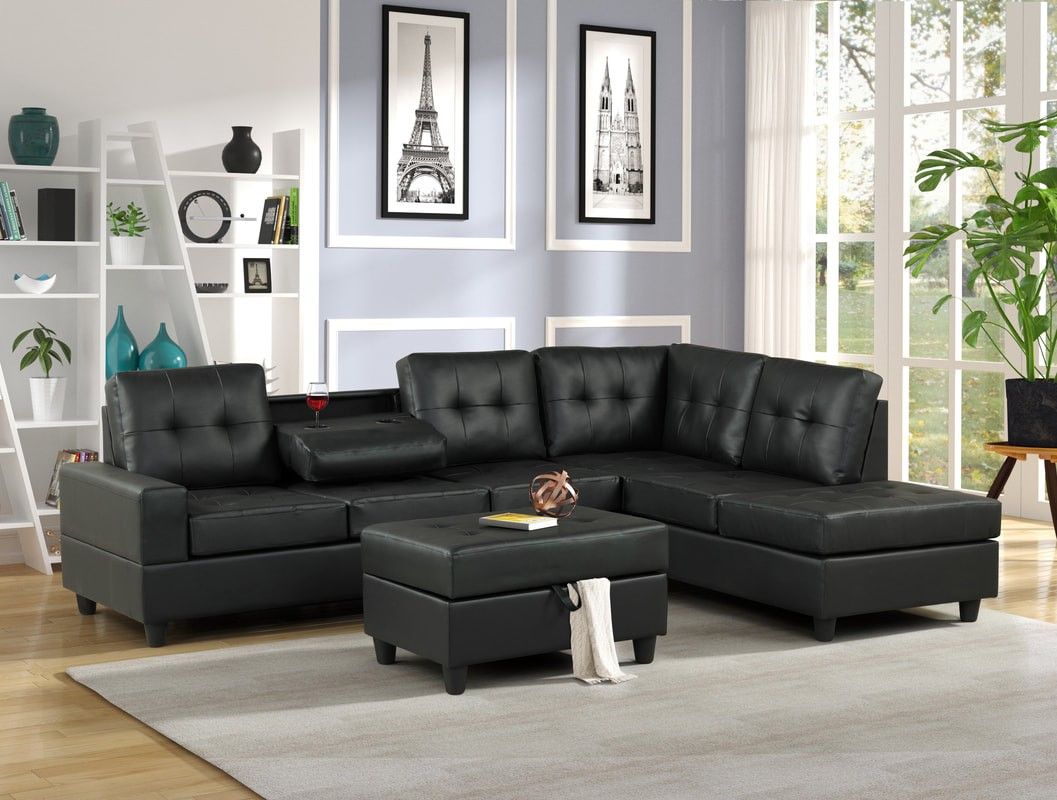 BLACK LEATHER SECTIONAL WITH OTTOMAN 