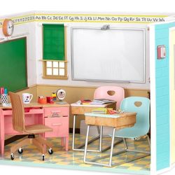 Our Generation Awesome Academy School Room, Brilliant Bureau School Desk Accessory Set, Hally Doll with “One Smart Cookie” Book