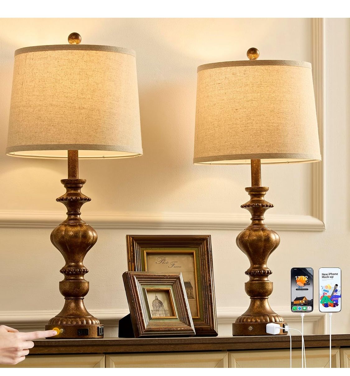 27.5" Farmhouse Table Lamps Set of 2 Bedside Nightstand Lamp with USB C+A Ports & AC Outlet, 3 Way Dimmable Touch Lamps for