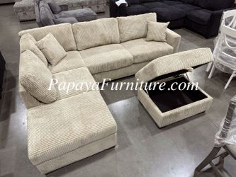 New Beige Tan Fabric Modern Sectional Sofa and Chaise Set FREE STORAGE OTTOMAN Reversible Chaise Left Right BIG Couch SALE Dark Grey IKEA Ashley Style