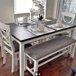 ✅️✅️(6 pc White  finish wood dining table set grey padded seat chairs and bench✅️✅️✅️