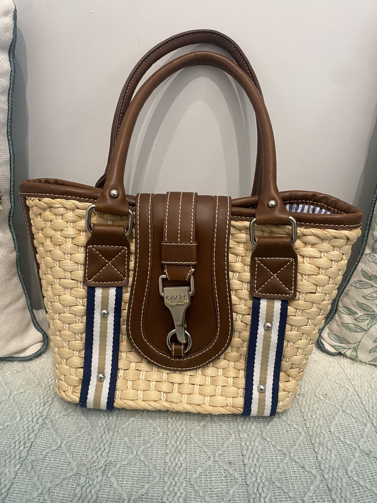 Chaps Ralph Lauren Basket Weave Bag w/ Leather Handles and Navy/Tan Stripes