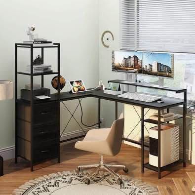New Corner L Shaped Gaming Computer Desk with Power Outlets LED Lights Storage Shelves, Black