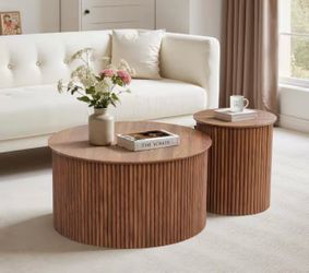 Large and Small 17.72 in. H Walnut Round MDF Wavy Coffee Table Set