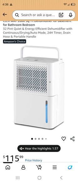 COSTWAY 2000 Sq Ft Portable Dehumidifier