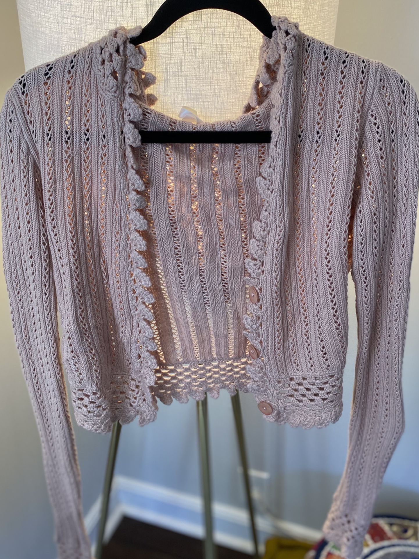 Soft Pink Knit Cropped Hooded Cardigan