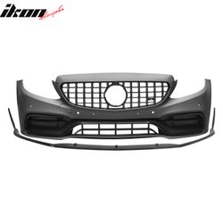Fits 2015–2021 Benz C-Class 19+ C63 Front Bumper Cover Kit W/ Chrome Trim Grille +Lip