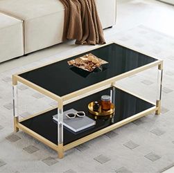 Mid Century Modern Coffee Table Glass Top Walnut Shelf Coffee Brown Gold Legs