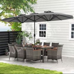NEW Outdoor Patio Furniture Dining Set 10 Pc Wicker Acacia Wood Table With 15' Umbrella - ASSEMBLED