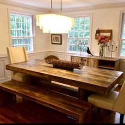 West Elm Dining Table, Benches And Hutch