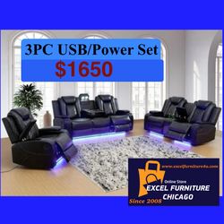 💥FREE DELIVERY💥Brand New POWER, LED, USB  3PC Reclining Sofa Loveseat Chair Set 