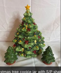 Christmas tree cookie jar with salt and pepper shakers