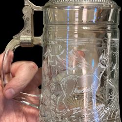 Vintage Clear Glass Beer Stein Tankard w/ Stag Etched W. Germany 