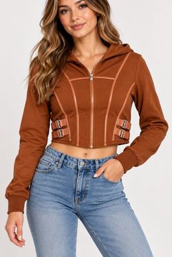 Cider Brown Cropped Zip Hoodie Jacket Buckle Detail Y2K Moto Grunge M
