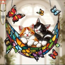 Moonlit Nap — Kittens' Stained-Glass Hammock Suncatcher