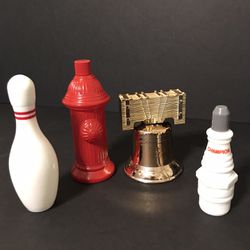 4 Vintage Avon Bottles- Fire Hydrant, Bowling Pin, Spark Plug, & Liberty Bell