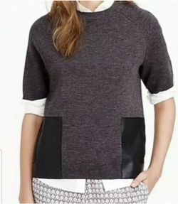 J. Crew gray 100% merino wool short sleeve sweater with 100% leather black patch pockets, size M
