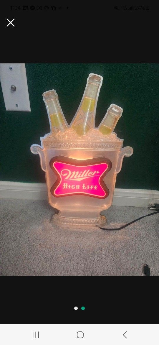 1960's Miller Beer Lighted 3 Bottles In Ice Bucket Wall Sign