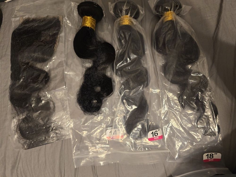 Human Hair Bundles 14",16",18" + 4x4 Lace Closure 16" Body Wave