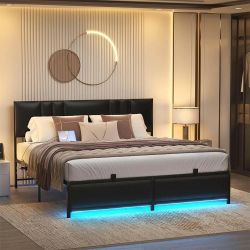 King Bed Frame with 3 Height Adjustable Headboard, Upholstered Leather Platform Bed with LED Light & Charging Station, Stable Metal Frame Support