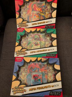 Pokemon Ascended Heroes 3-Pack Costco Bundle (Mega Meganium/Emboar/Feraligatr Ex Box) Each box come with 4 pks w/Promo