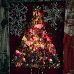 LIGHT UP handcrafted christmas tree wall decor with vintage jewelry 