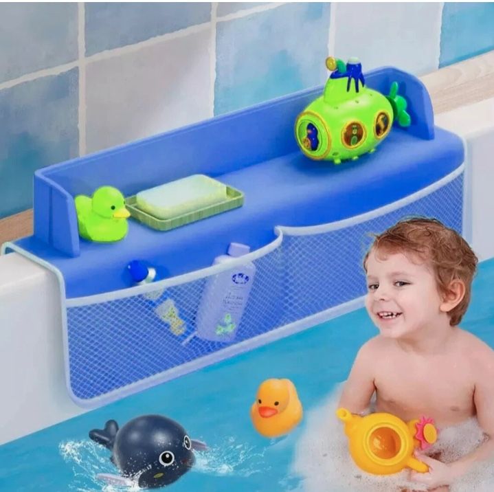 Bathtub Splash Guard for Tub Kids Play Shelf Area Toy Tray Caddy Holder