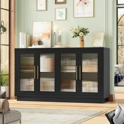 Modern Sideboard Buffet with Fluted Glass Doors, Accent Cabinet Console Table TV Stand, Black