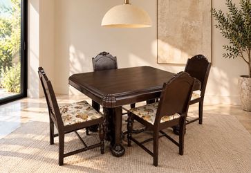 Vintage Dark Wood Dining Table & 4 Chairs – Floral Upholstered Seats