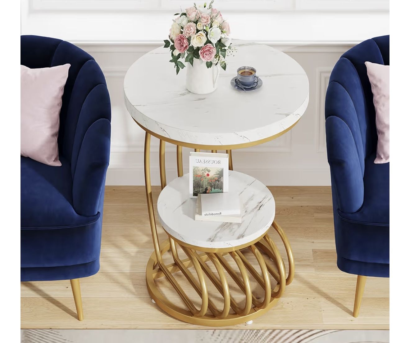 Round Gold 2 Tiers Marble Side Table 