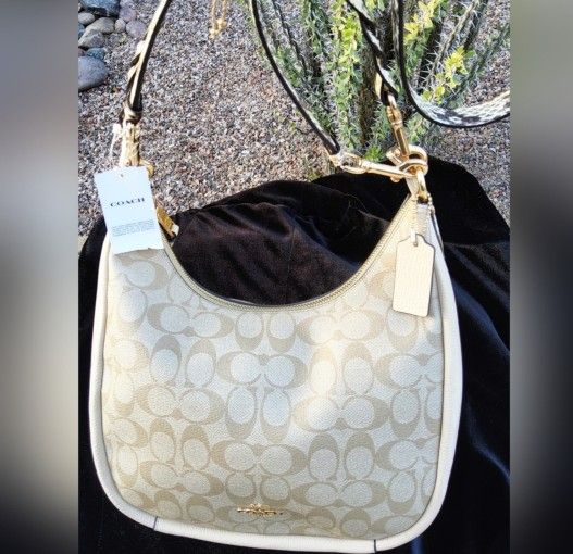 Coach "Jules" Hobo Signature Coated Canvas/Pebbled Leather & Snake Embossed Leather