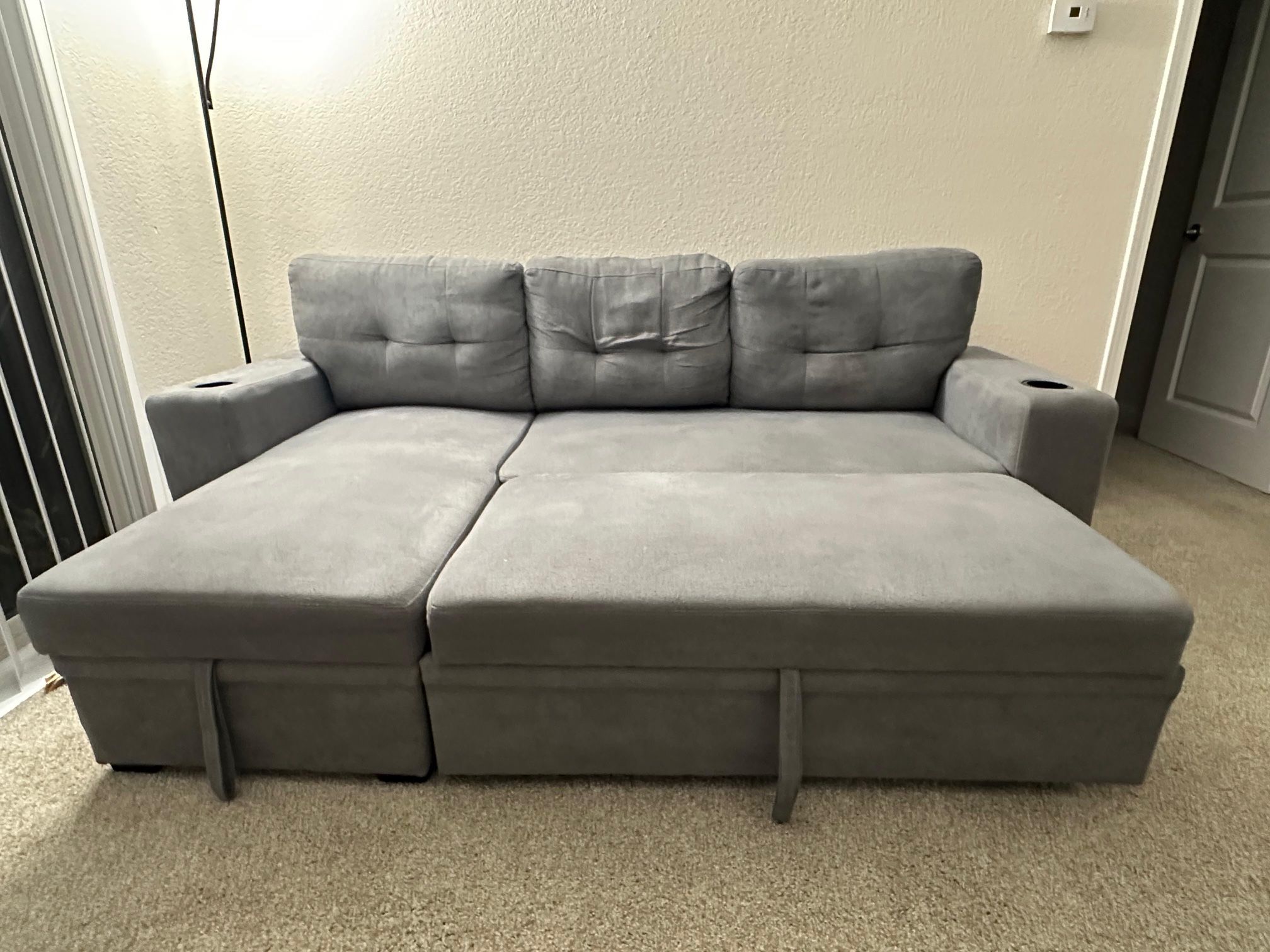 Upholstered Convertible Sleeper Sofa With Storage And Cup Holders