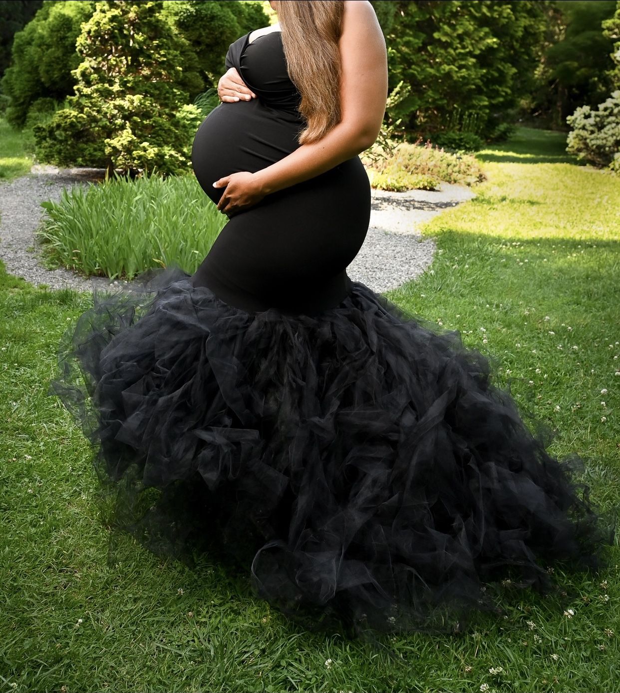 Black Maternity Mermaid Strapless Sweetheart Gown With Tulle Bottom Size XL