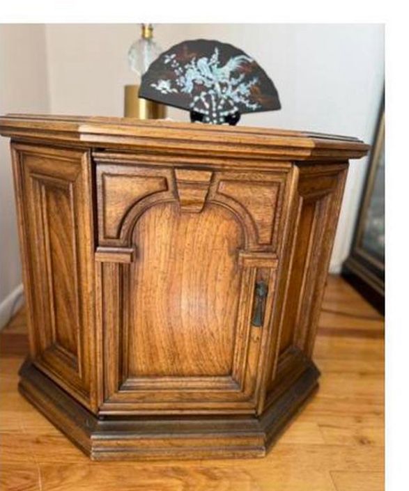 Vintage Wooden Hexagonal Side Table with Cabinet