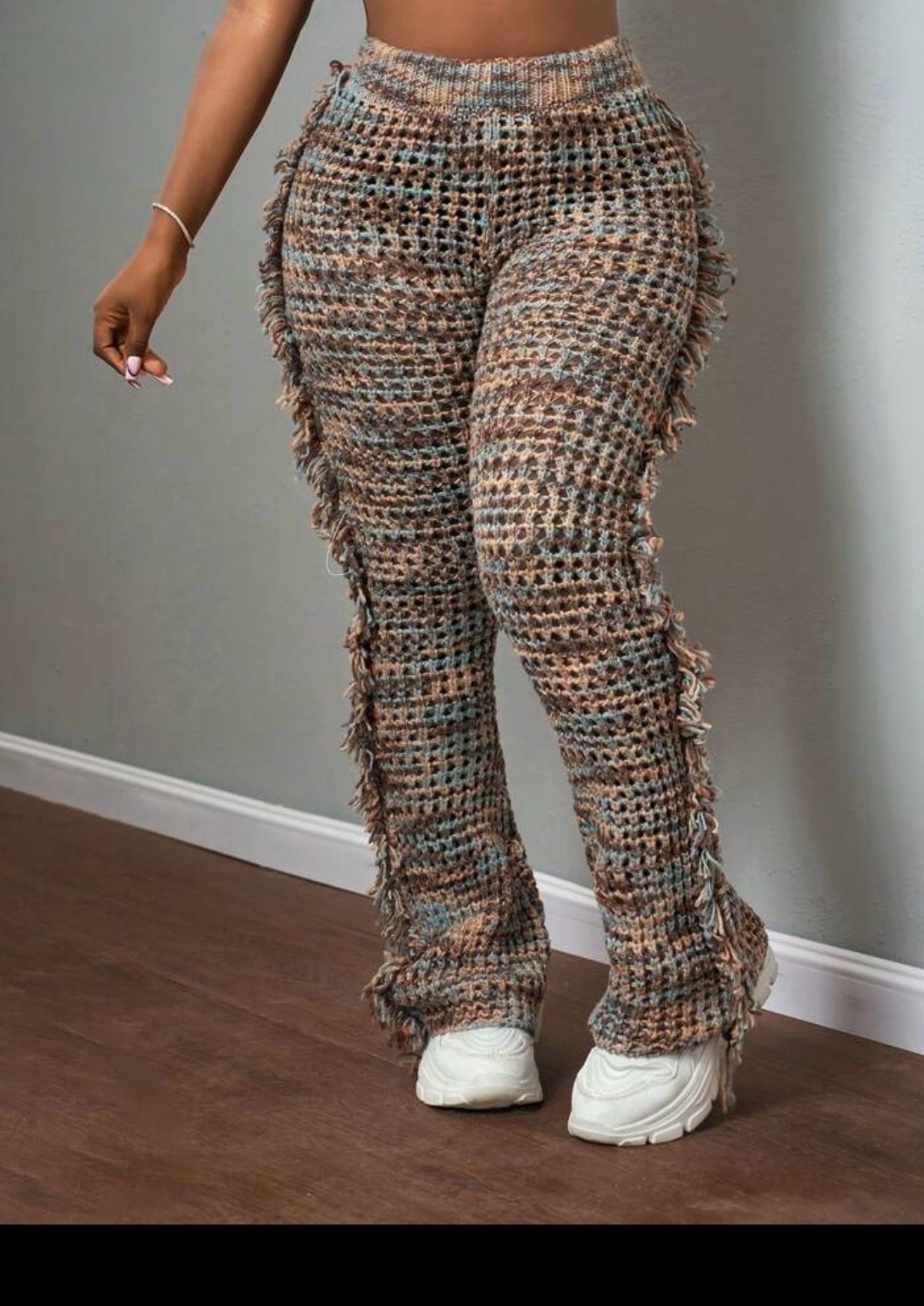 Long Fringe Knit Flare Pants