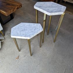 Set Of Two Marble And Iron End Tables