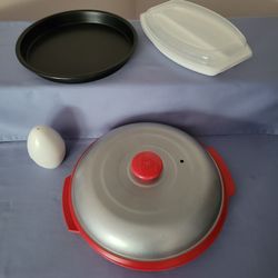 4 Microwave Accessories - Reheatza - Micro Mac Eggstra - Corn Steamer - Microwave Crispy Pan