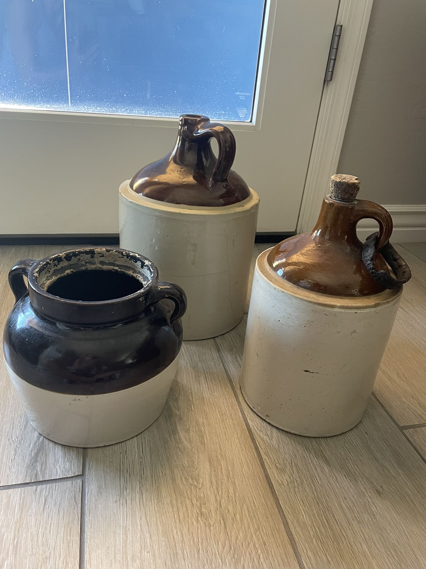 3 Antique Old Stoneware Salt Glaze Crocks Pitchers