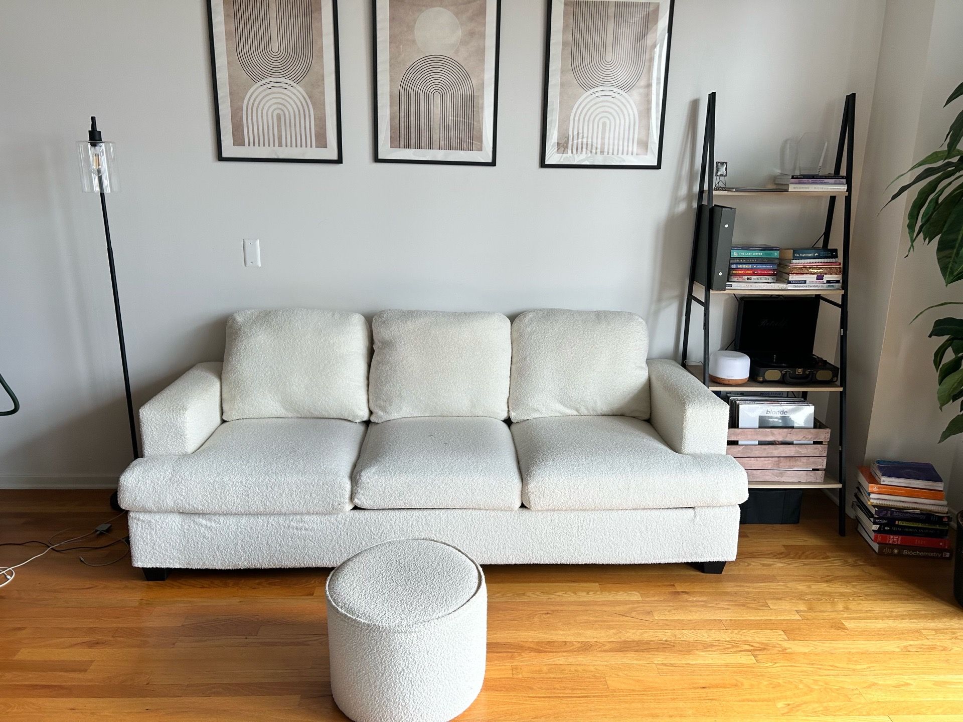 Off-White Bouclé Couch with Matching Foot Rest