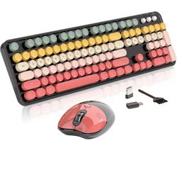 Wireless Keyboard and Mouse, MOFII 104 Round Keycaps Retro Typewriter with OTG & Brush, Full-Size Ergonomic, Ideal for Windows PC, Home, Office and Co