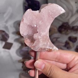 Pink Amethyst Moon With Lots Of Druzy On Stand